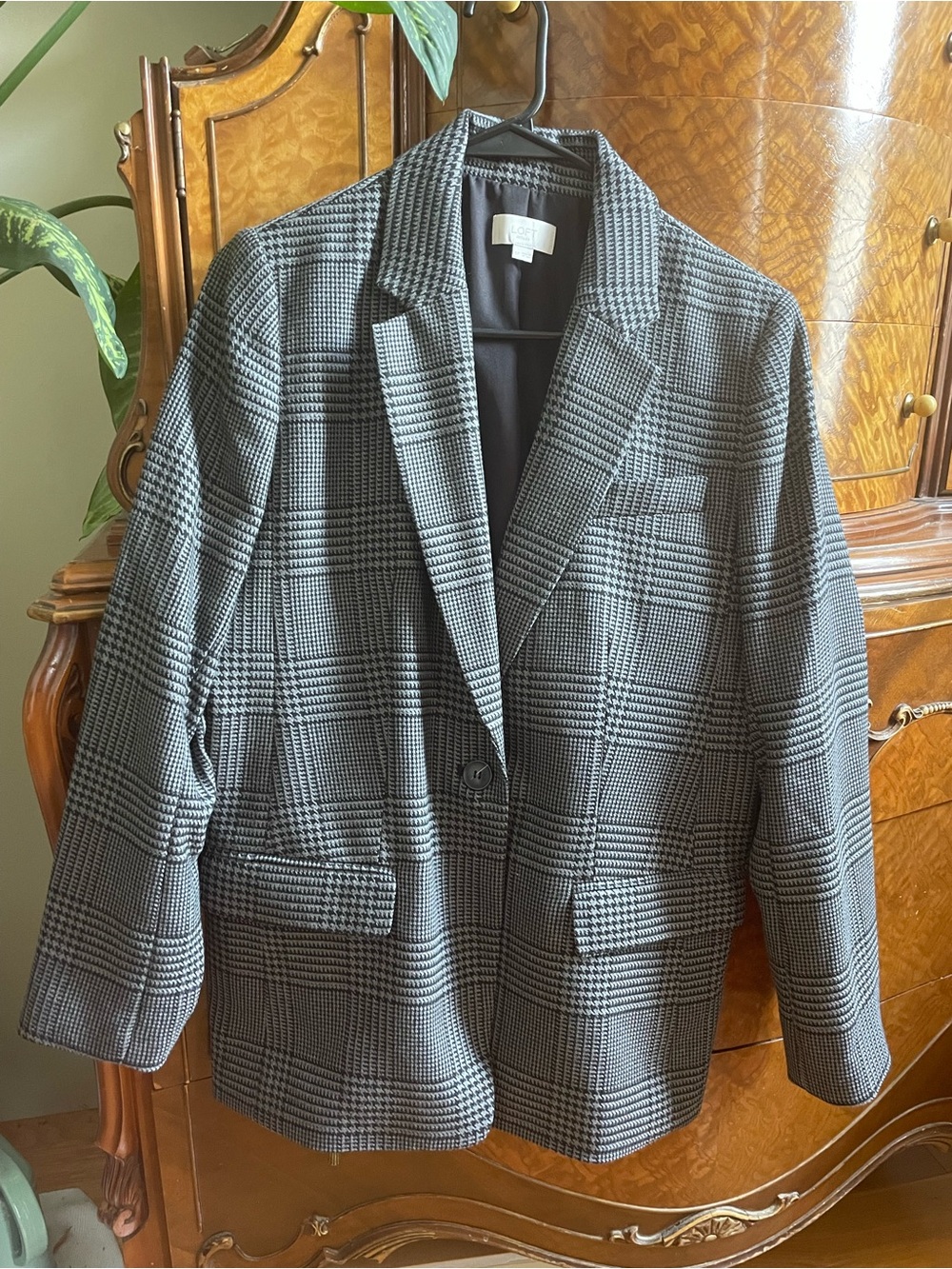 LOFT Black and Gray Plaid Single-Button Blazer